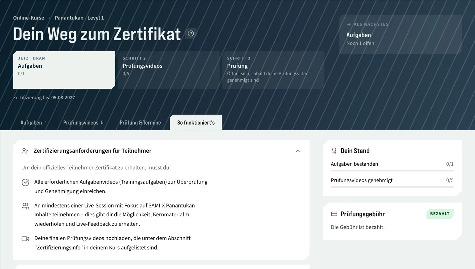 Certification in an online course in the SAMI-X web app: three steps (assignments, exam videos, exam) with your own progress